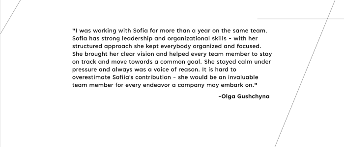 Sofia Zelenova testimonial from Olga Gushchyna